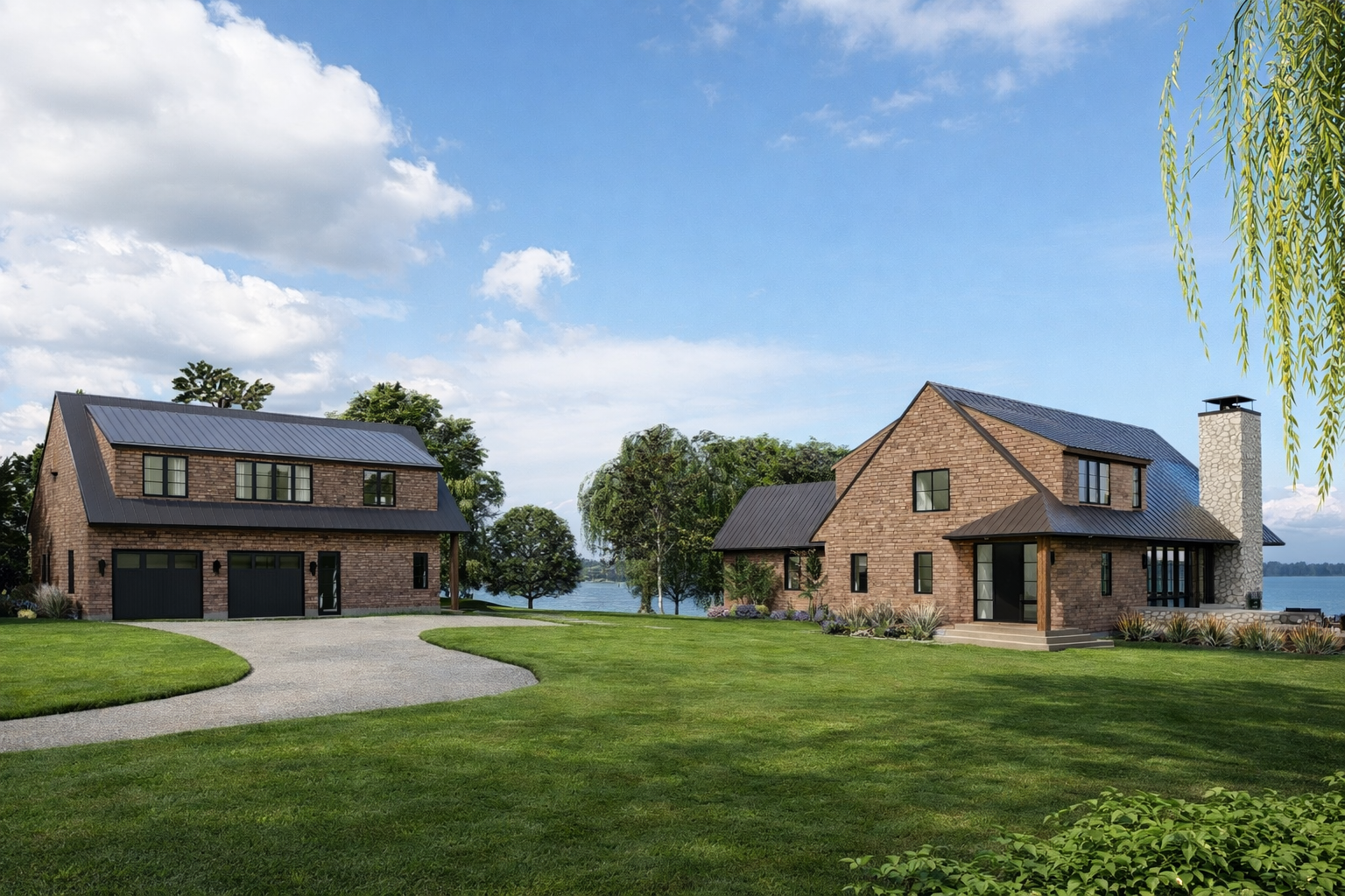 Two modern brick houses with dark roofs on a spacious green lawn near a lake, with trees and a cloudy sky in the background.