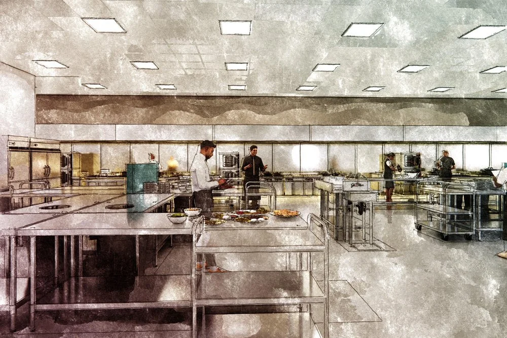 Artistic rendering of a bustling teaching or commercial kitchen, with chefs prepping dishes at multiple stations. Emphasizes training, efficiency, and culinary innovation in a well-organized workspace.