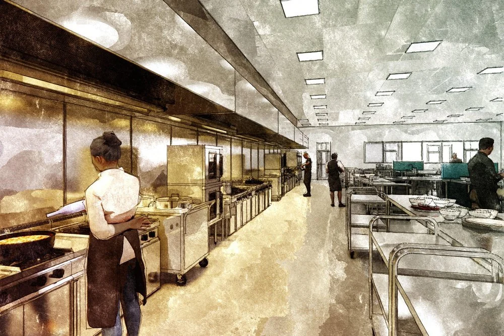 Illustrated rendering of a professional kitchen with chefs and staff at workstations, stainless steel equipment, and bright overhead lighting. Captures activity and collaboration in a large-scale culinary environment.