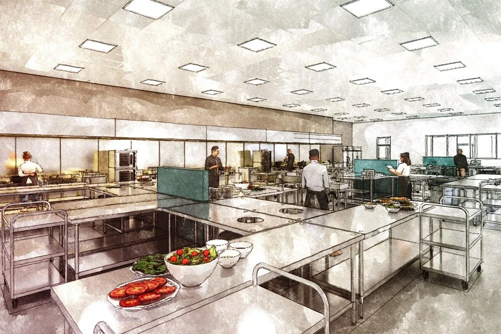 Rendering of a culinary kitchen with bowls of fresh produce in the foreground and staff working throughout the space. Showcases a bright, structured environment designed for food preparation, instruction, and collaboration.