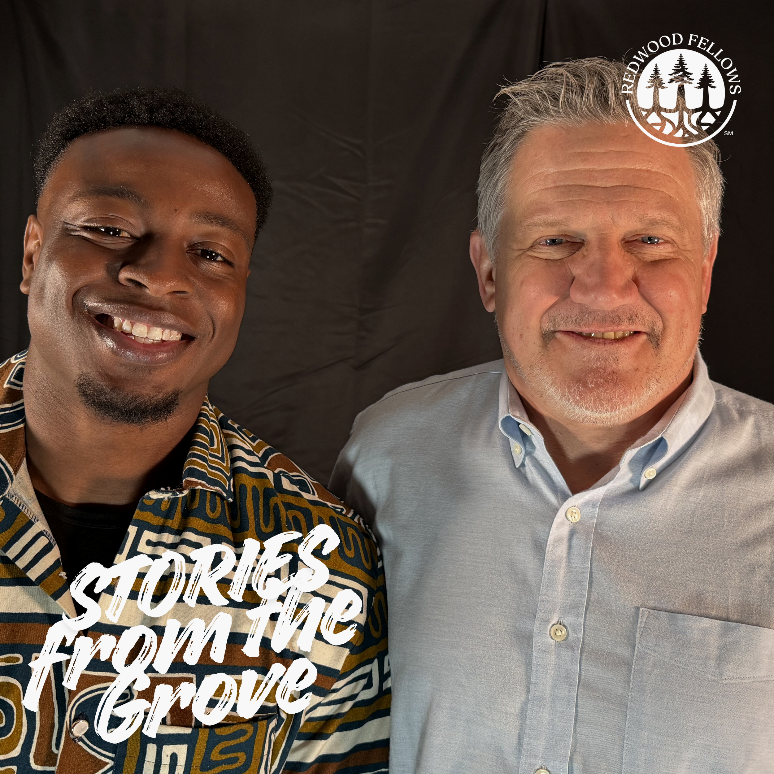 Close-up of two smiling men, one with dark hair and the other with gray hair, against a black background, with a circular logo that says 'Redwood Fellowship' and features a tree design in the top right corner.