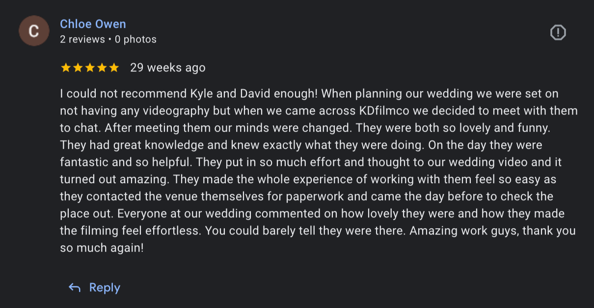 Screenshot of a 5-star review by Chloe Owen about KDfalmco wedding videography, praising their professionalism and effort.