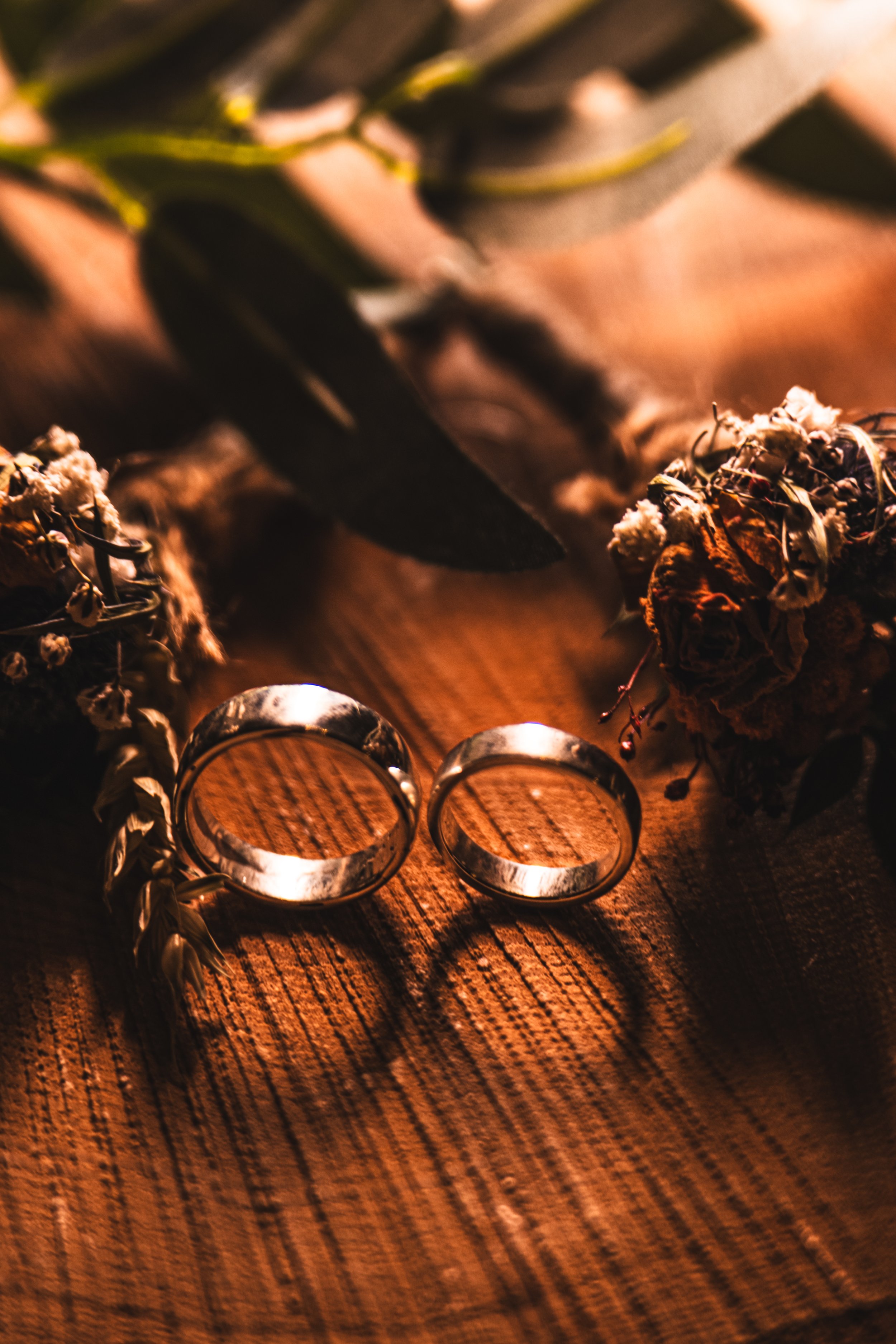 Two silver wedding rings placed on a wooden surface, with dried flowers and green leaves nearby, illuminated by warm, soft light.