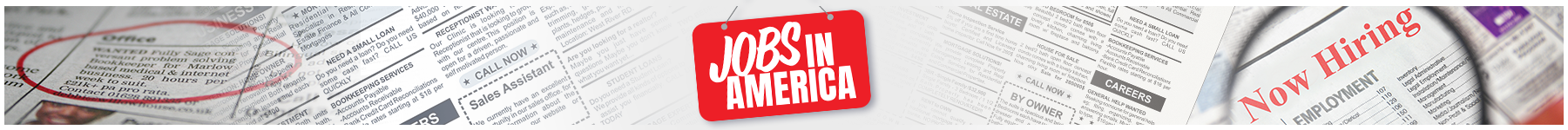 A newspaper clipping with job advertisements, a red 