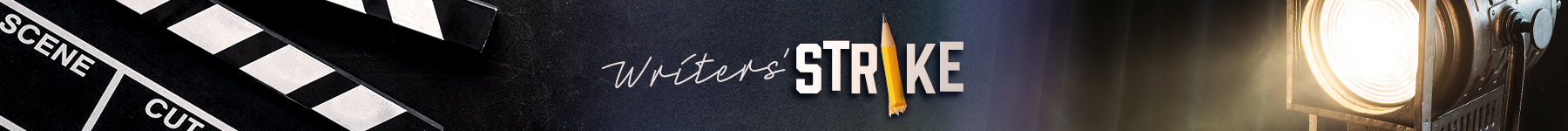 A film clapperboard and a stage light with the text 'Writers Strike' in the center.