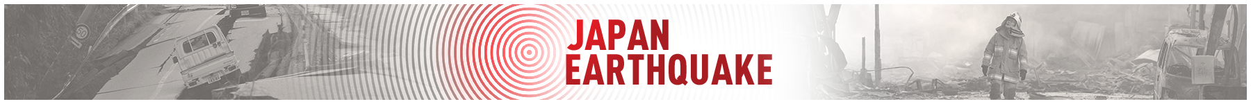 Graphic about Japan earthquake with emergency responders and destroyed buildings.