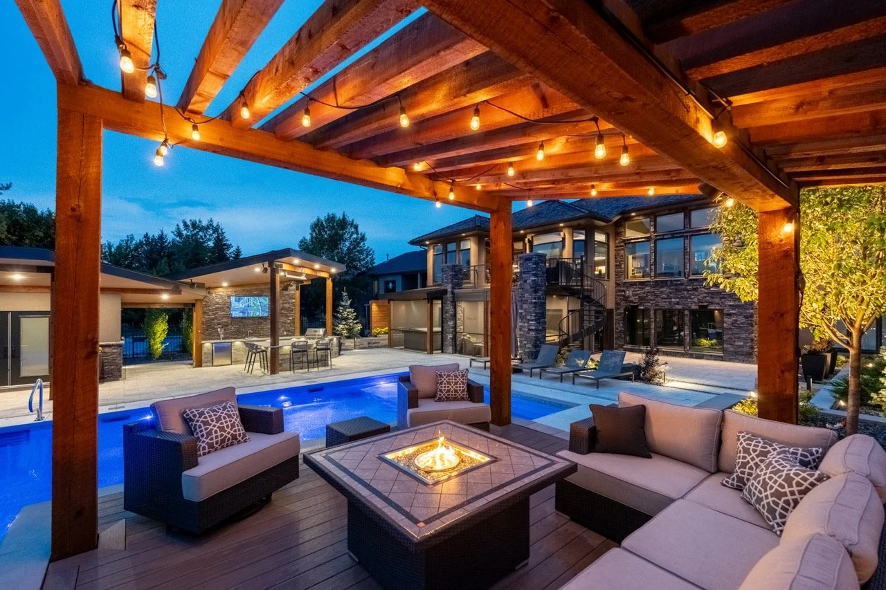 Luxury backyard with pool, fire pit, and pergola