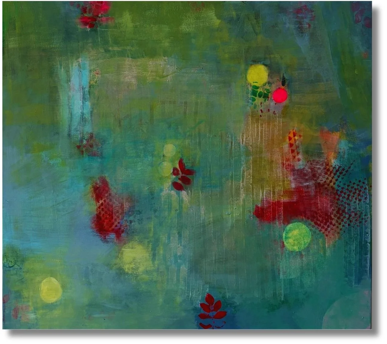Abstraktes Bild mit violetten, rosa und dunklen Farbtönen, die in organischen Formen ein harmonisches Gleichgewicht erzeugen – Titel: „Balance“ aus der Serie Tanz des Unsichtbaren.