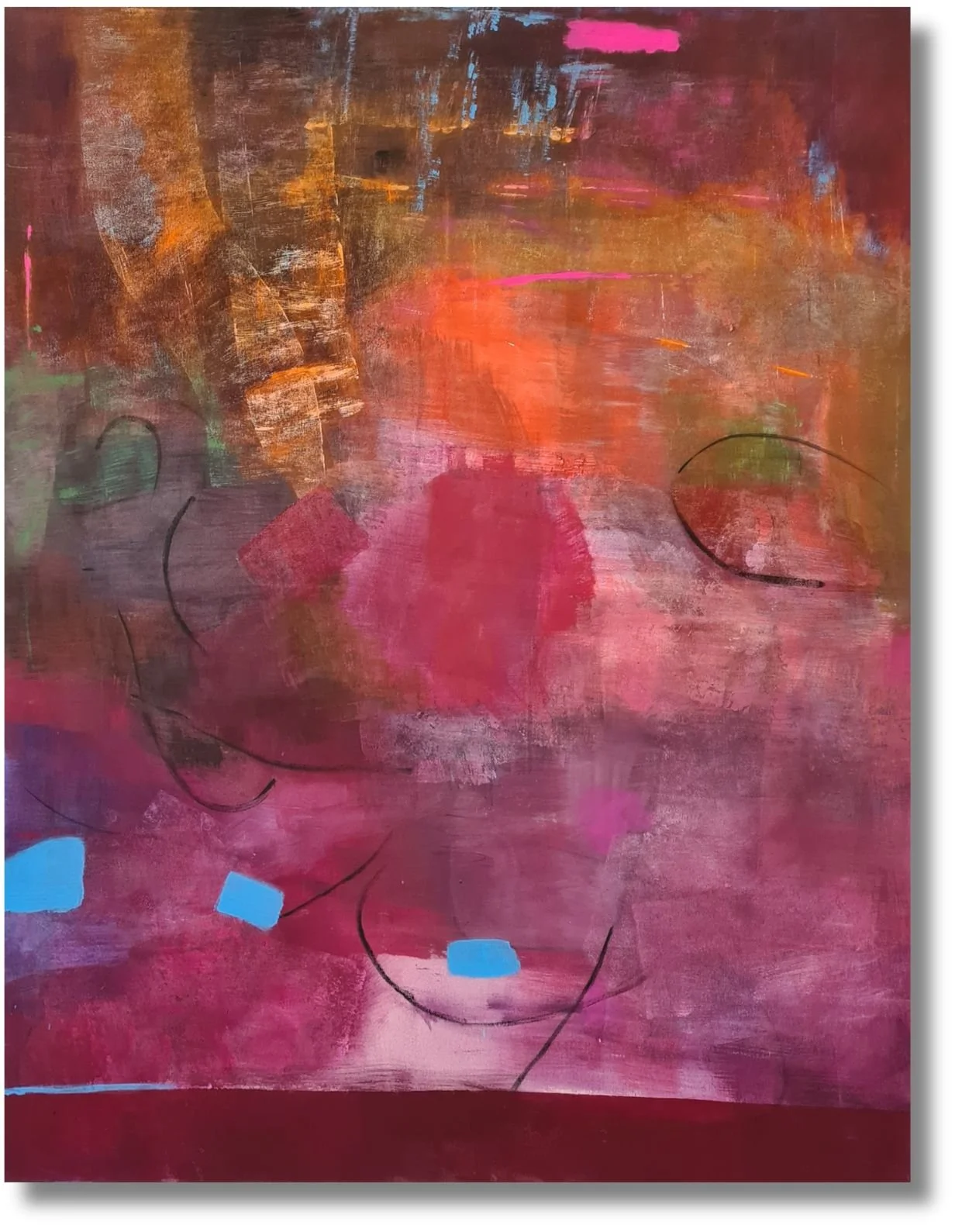 Abstraktes Gemälde von Sabrina Krökel in Magenta-, Rot- und Violetttönen mit hellblauen Akzenten und gestischen Linien – eine lebendige Farbkomposition voller Bewegung und Energie.