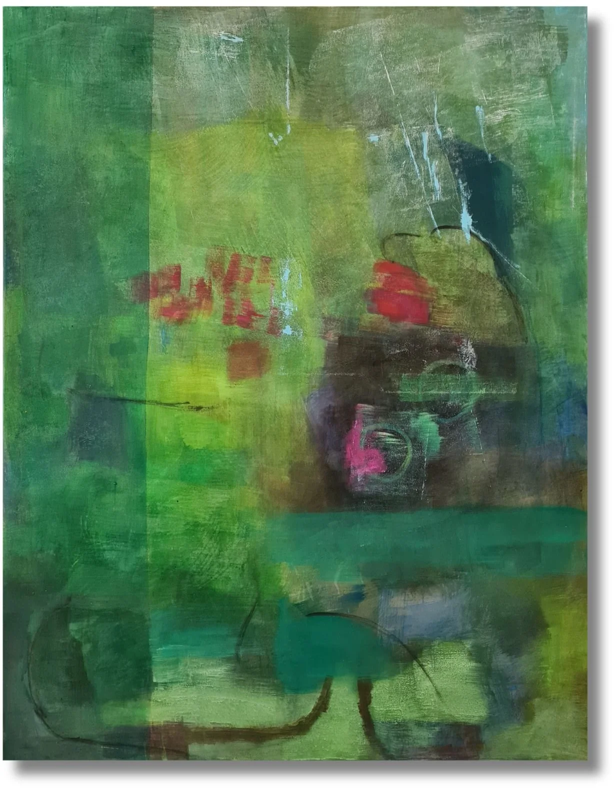 Abstraktes Gemälde von Sabrina Krökel in verschiedenen Grüntönen mit leuchtend gelber Mitte, roten Akzenten und gestischen Linien – eine ruhige, organische Farbkomposition mit natürlicher Ausstrahlung.