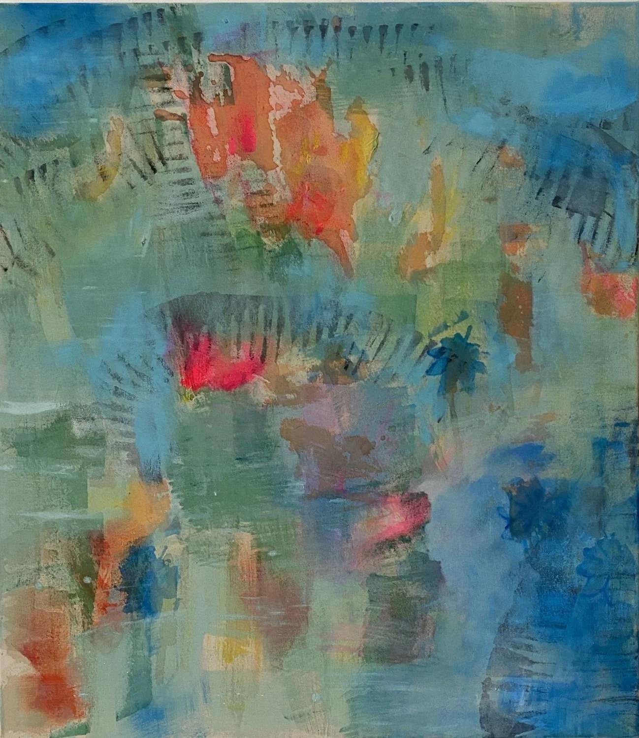 Abstrakte Malerei in blauen, grünen und roten Farbtönen mit rhythmischen, bogenartigen Spuren und diffusen Lichtfeldern.