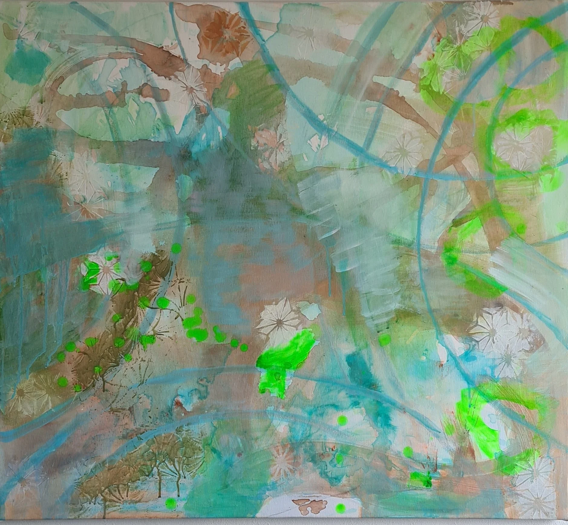 Abstraktes Gemälde in Grün und Blau und zwischentönen aus der Serie "Flügelschlag der Zeit" von Sabrina Krökel.