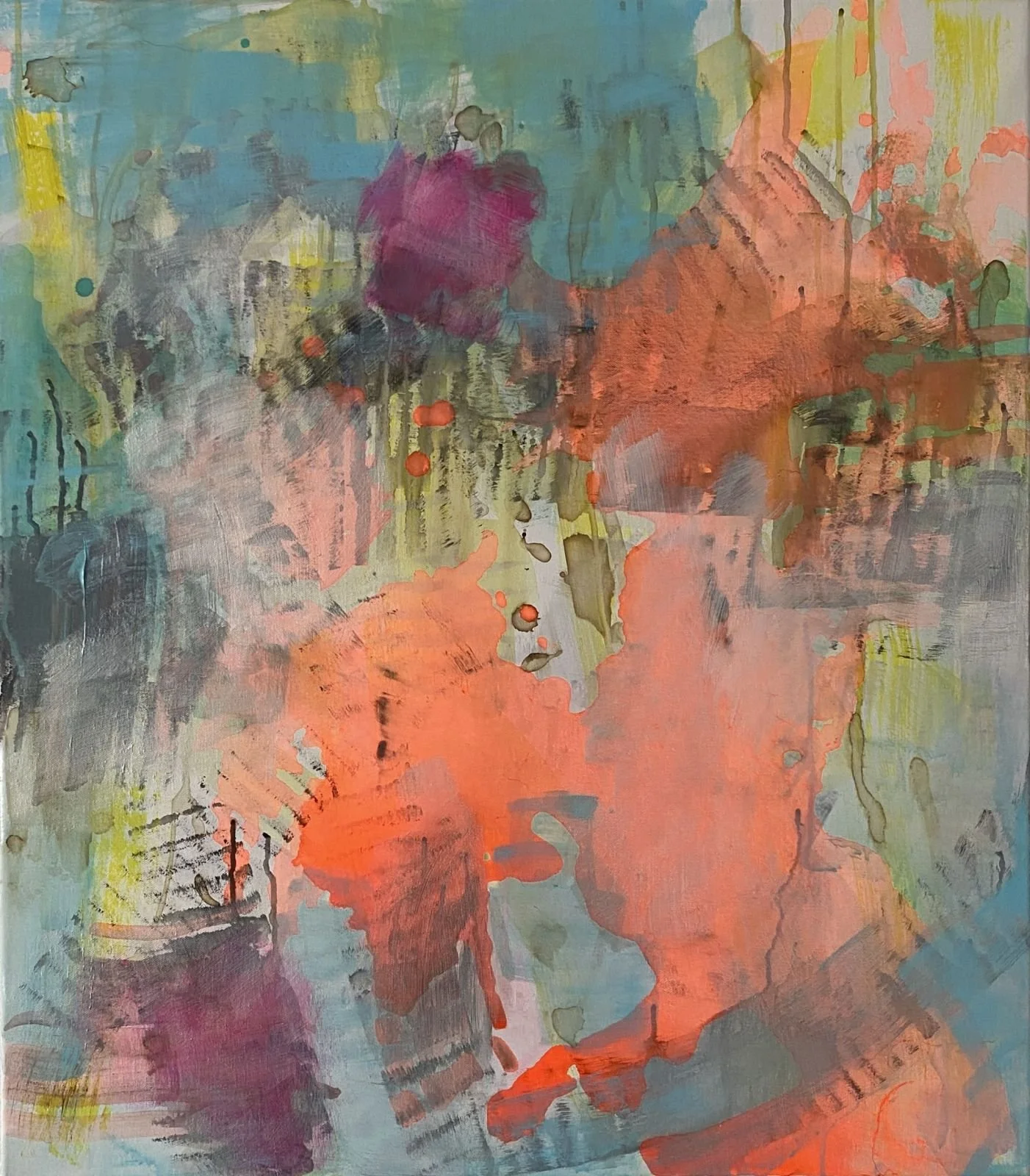 Abstrakte Komposition mit intensiven Orange- und Koralltönen, durchsetzt mit Blau, Violett und sanften Grüntönen; organische Farbflächen und Tropfenstruktur.