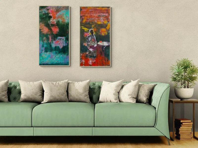 Abstrakte Serie mit leuchtenden Farben, ornamentalen Mustern und figurativen Andeutungen – künstlerische Auseinandersetzung mit Erinnerung, Vergänglichkeit und emotionalen Spuren.