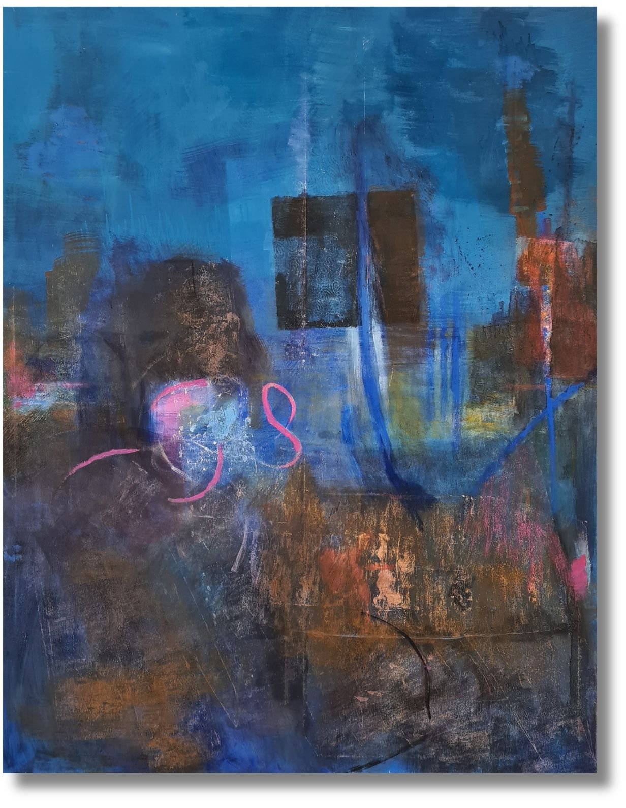 Abstraktes Gemälde „Bank für Mondscheine“ von Sabrina Krökel mit tiefblauem Hintergrund, dunklen Formen, leuchtenden Rosalinien und erdigen Farbstrukturen – eine nächtliche, atmosphärische Komposition zwischen Ruhe und Bewegung.