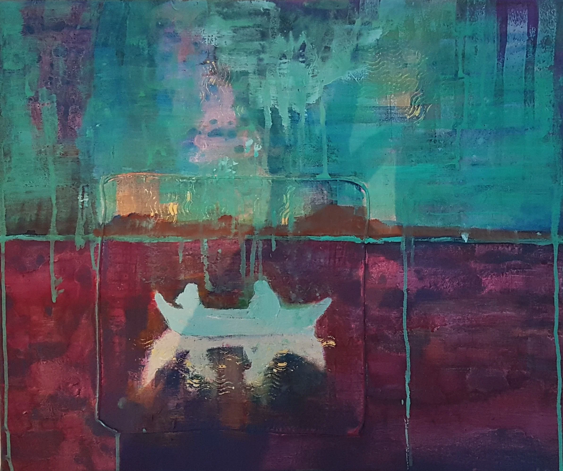 Abstraktes Gemälde in leuchtendem Türkis, Violett und Magenta mit einem angedeuteten weißen Boot im Zentrum – eine träumerische Szene zwischen Aufbruch und Stille.