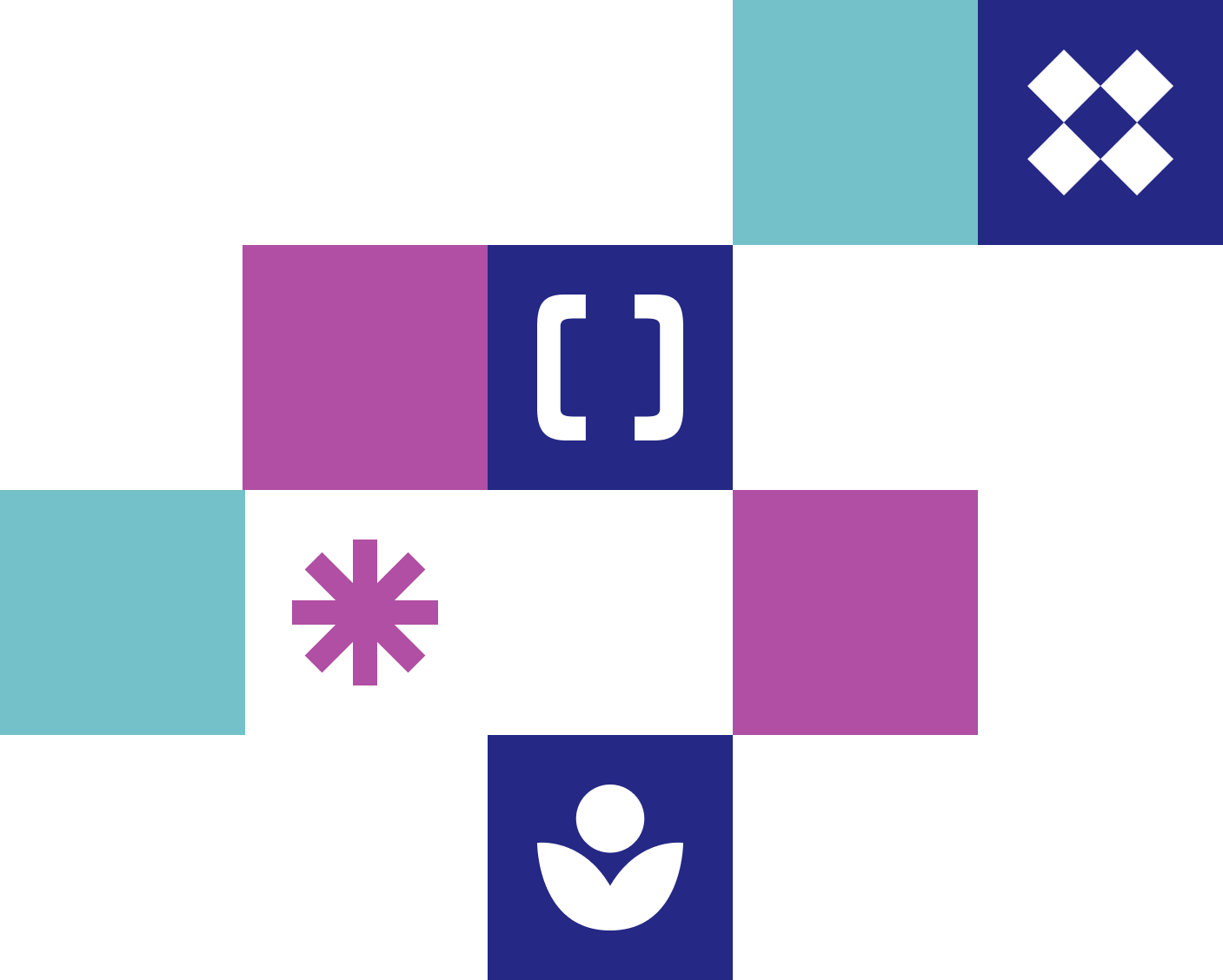Colorful squares and icons representing Integrity/Inclusion, Diversity, Mentorship, and Catalyst. These are our core values, which we apply in our day-to-day work and projects.