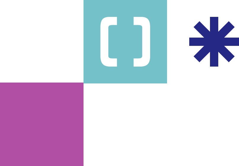 A collage of squares with different background colors and symbols: teal square with an icon of brackets meaning Inclusion/Integrity, navy blue icon of an asterisk meaning Catalyst, and pink square.