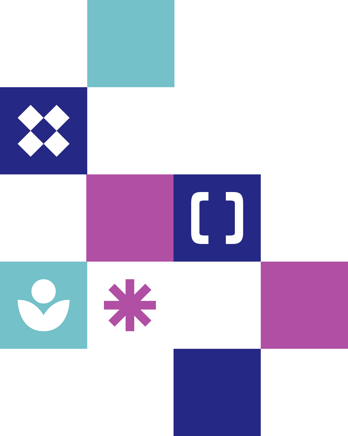 Colorful squares and icons representing Integrity/Inclusion, Diversity, Mentorship, and Catalyst. These are our core values, which we apply in our day-to-day work and projects.