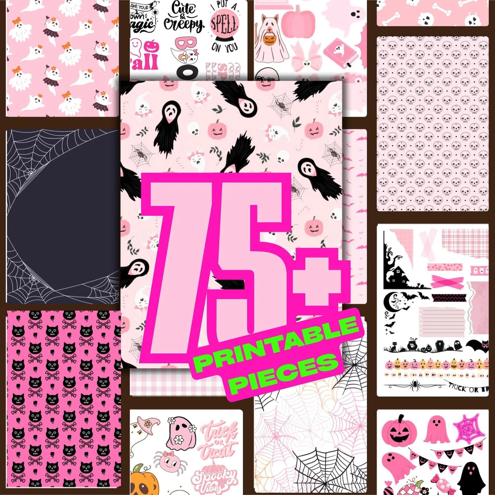 Halloween Digital Scrapbooking Bundle – Pink Ghost Ephemera, Fussy Cuts, Patterned Paper Printables