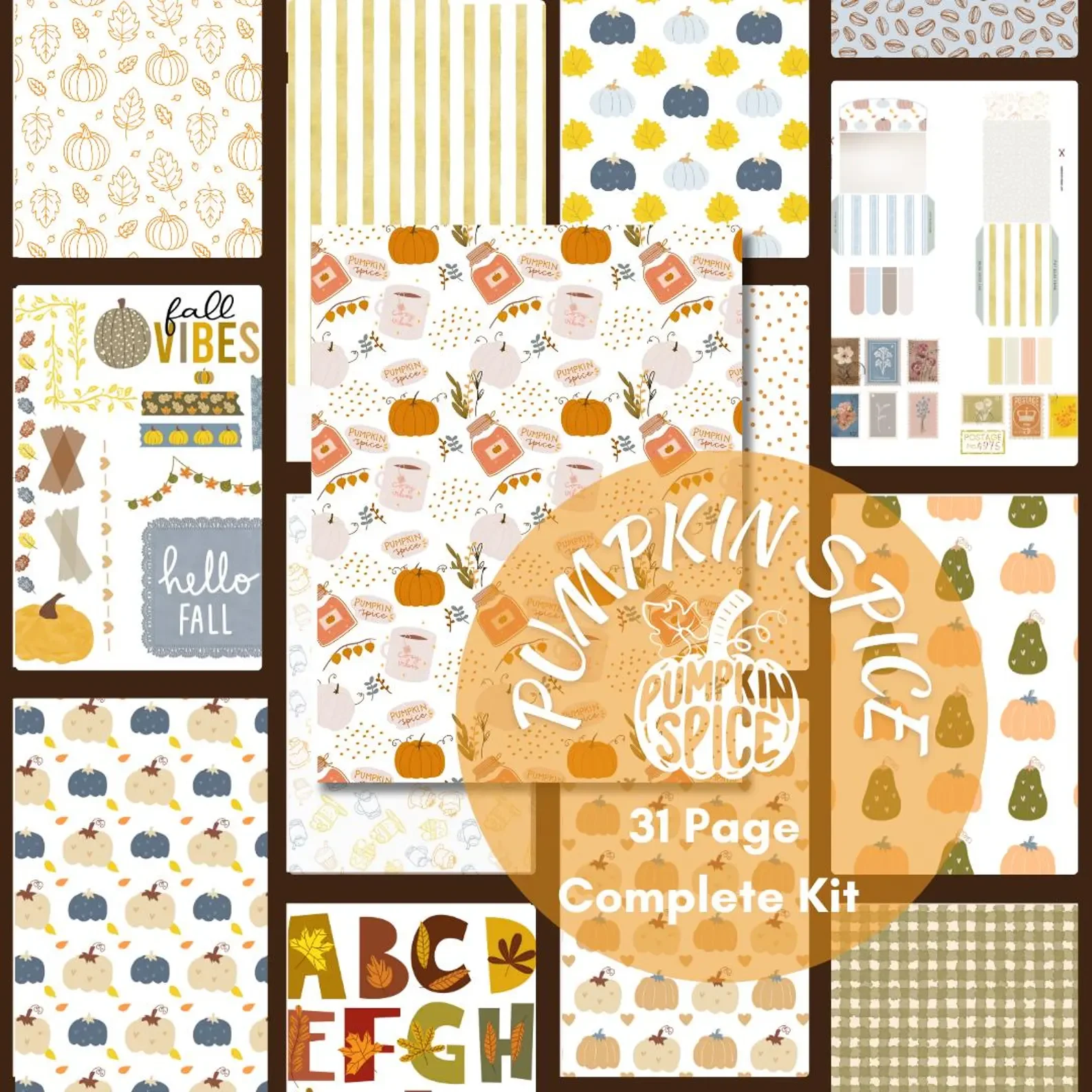 Digital pumpkin spice themed fall journaling elements for scrapbooks, card making, junk journal or planners