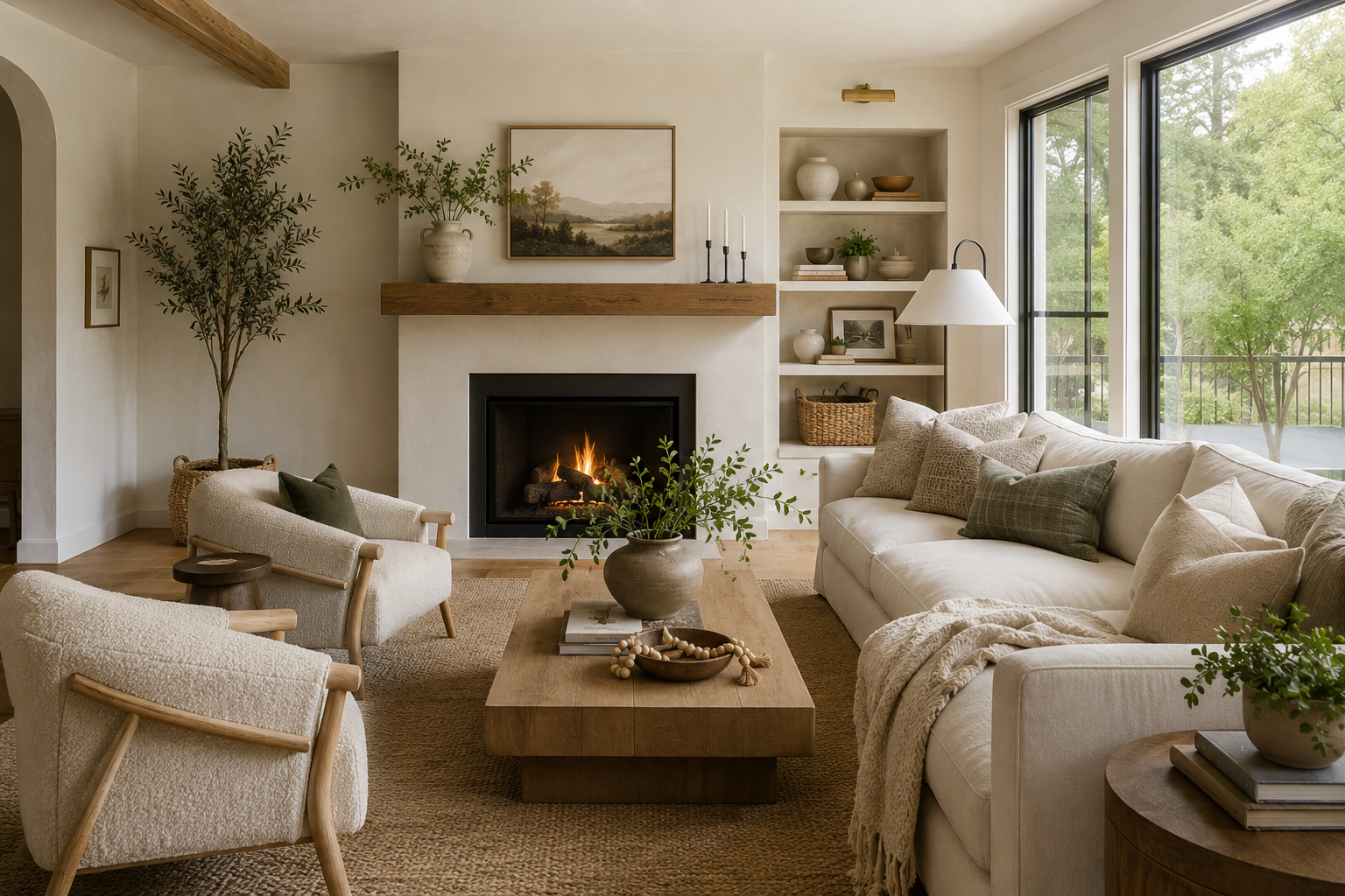 Living room with beige sofa and armchair, wooden coffee table with plants, fireplace, books, and decorative pillows, large windows with greenery outside, neutral decor, and shelves with ceramics and framed photos.