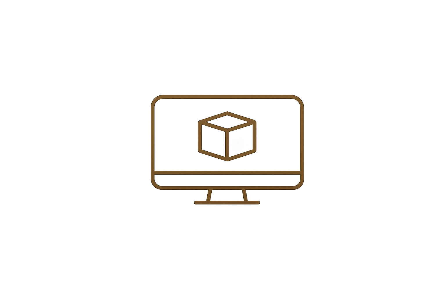 Digital illustration of a computer monitor displaying a cube on the screen, set against a background with abstract colorful waves.