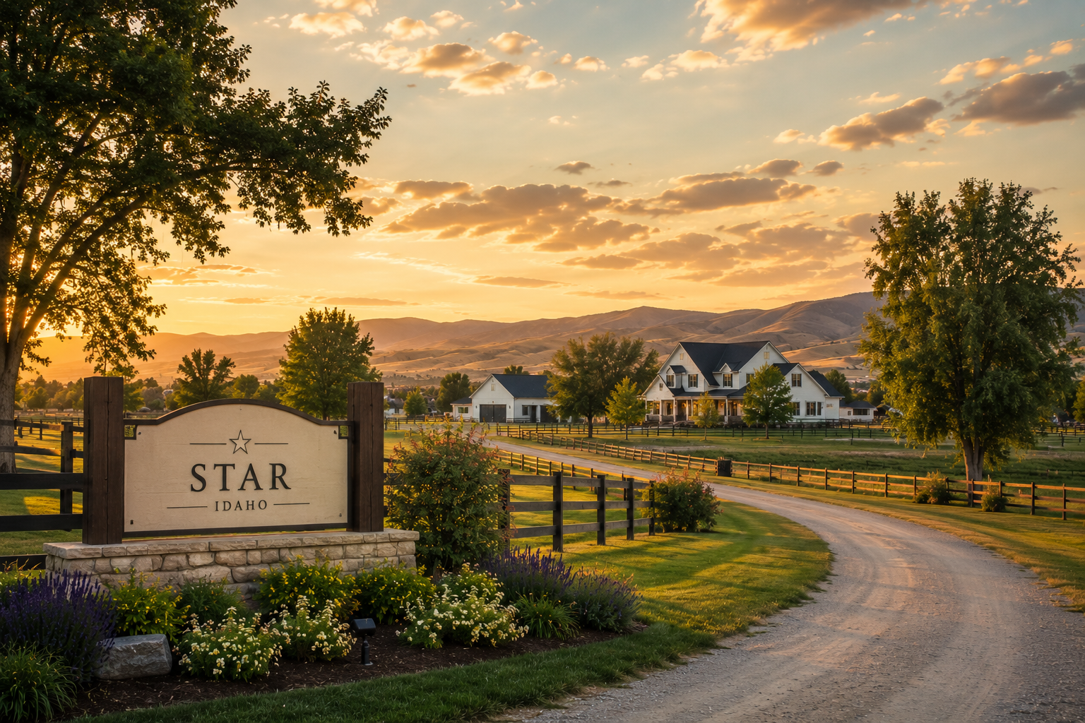 A scenic rural scene at sunset in Star, Idaho, featuring a gravel driveway, green grass, trees, a white house with a black roof, a barn, and mountain ranges in the background.
