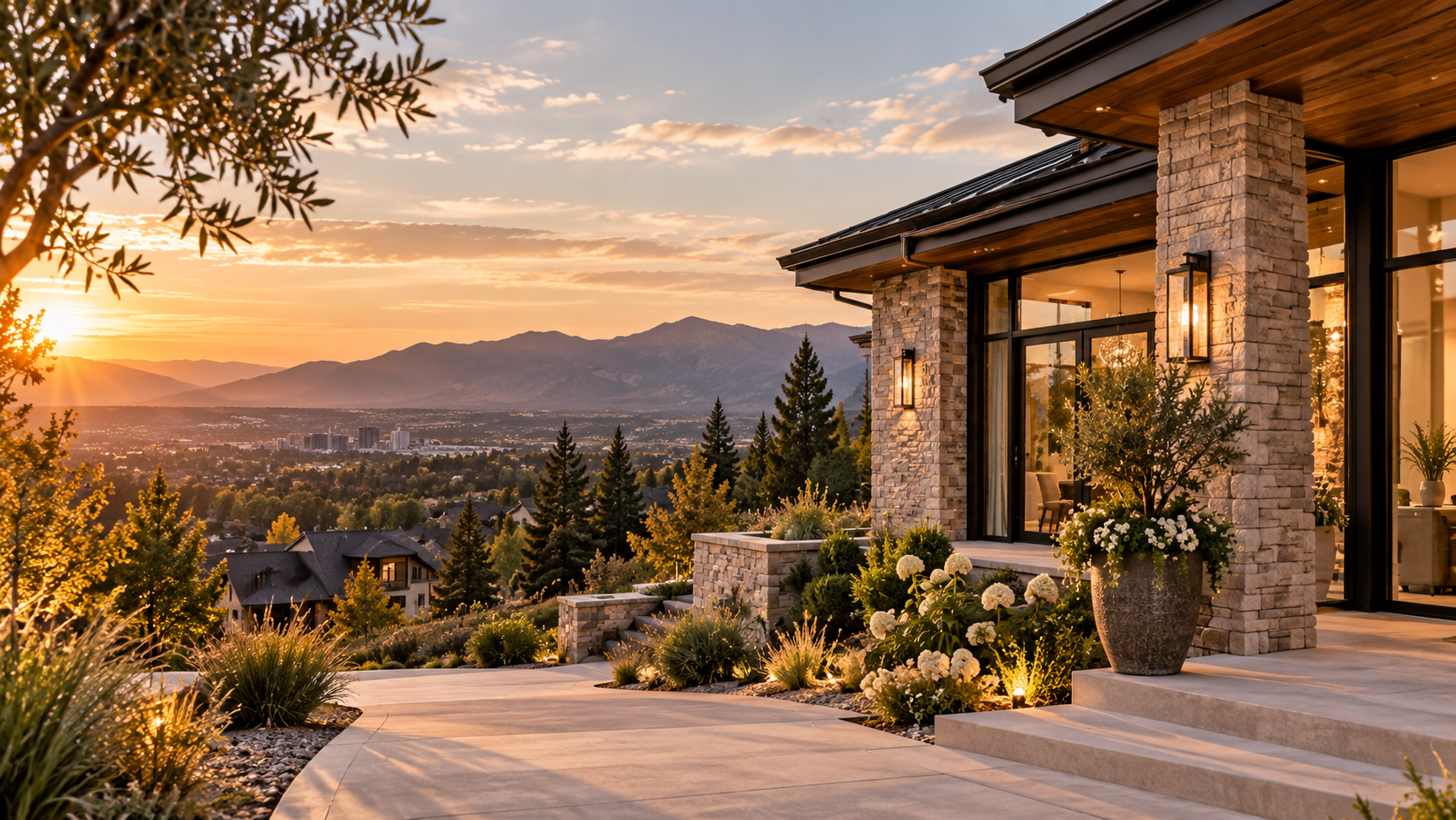 Modern house with stone columns and large glass windows overlooking a scenic view of mountains at sunset, landscaped with potted plants and garden flowers.