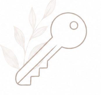 Outline drawing of a key with a decorative leafy plant in the background.