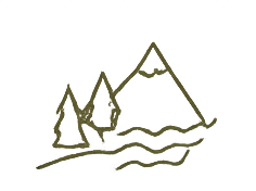 Line drawing of mountains with water and trees in the foreground.