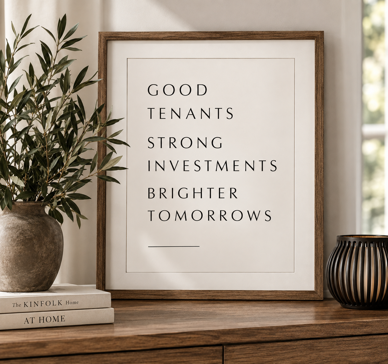 A framed print with the words 'Good Tenants Strong Investments Brighter Tomorrows' on a wooden surface, beside a potted plant, a stack of books, and a black decorative container.
