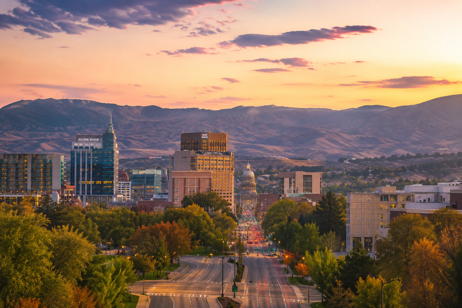 City skyline at sunset with tall buildings, a dome-shaped capitol building, lush green trees in the foreground, and mountains in the background.