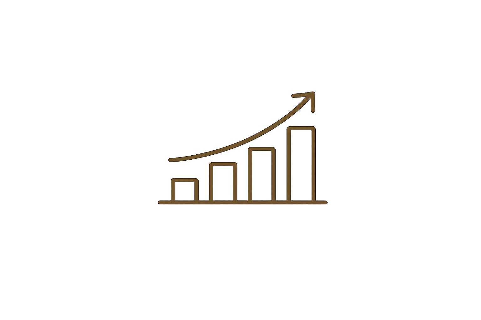 A simple upward-trending bar graph with four bars of increasing height and a curved arrow indicating growth.