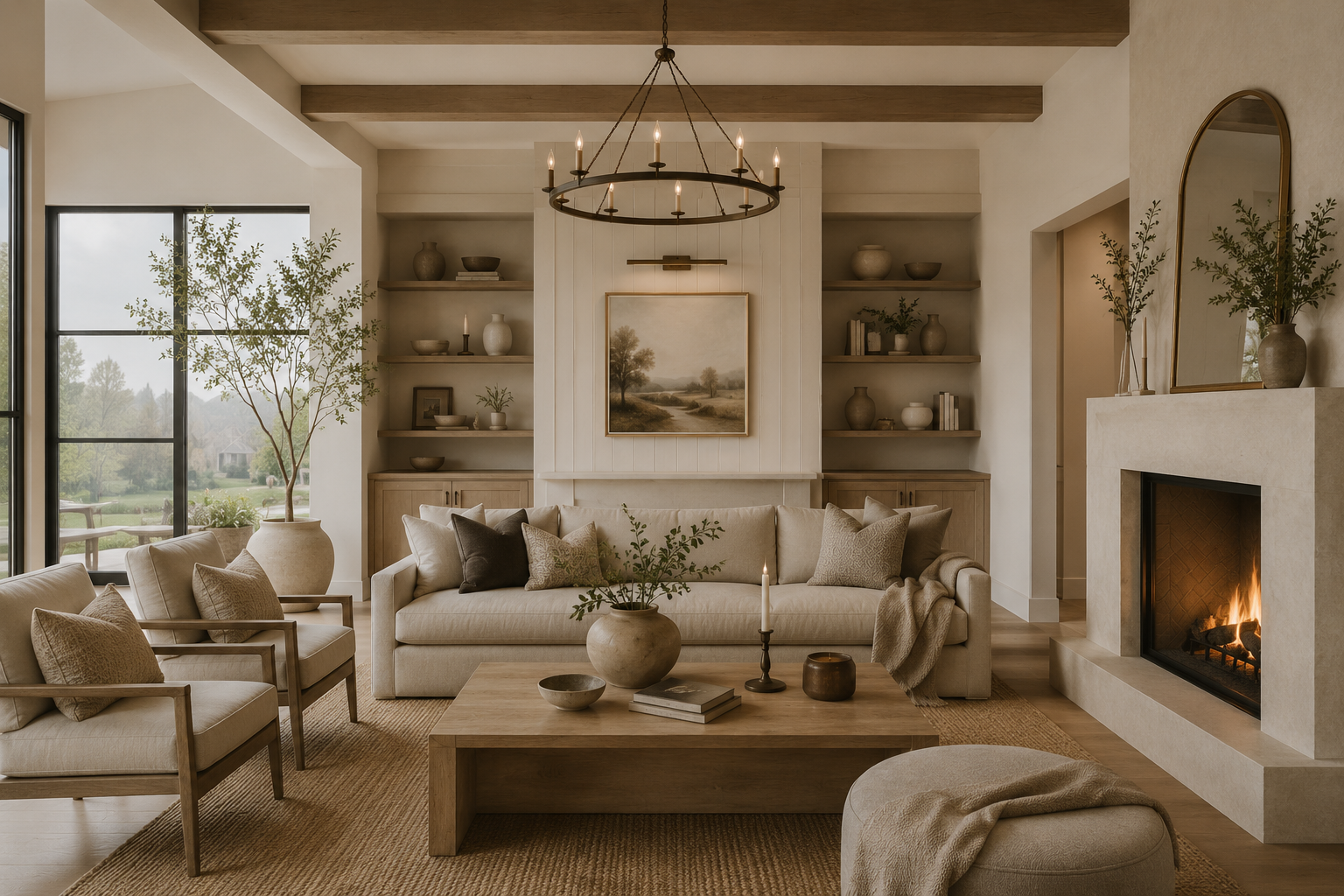 Living room with beige sofas, armchairs, and a wooden coffee table, decorated with vases and books, a lit fireplace, large window with trees outside, and a chandelier hanging from the ceiling.
