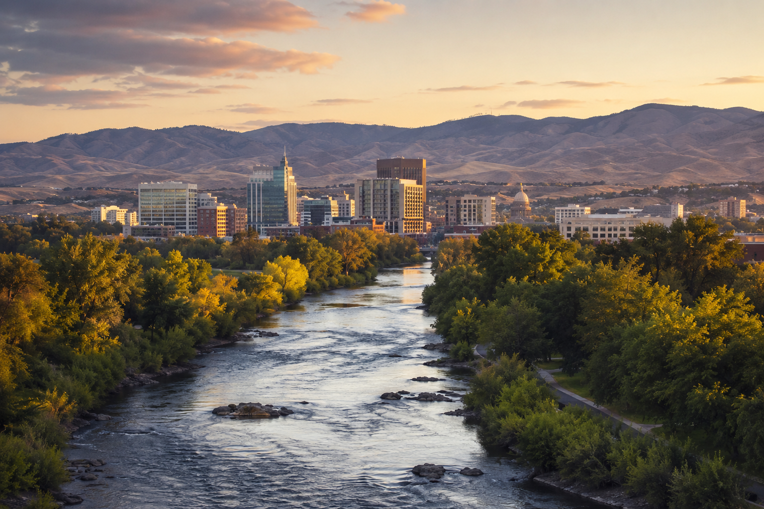A city skyline with tall buildings along a river lined with green trees at sunset, with mountains in the background.