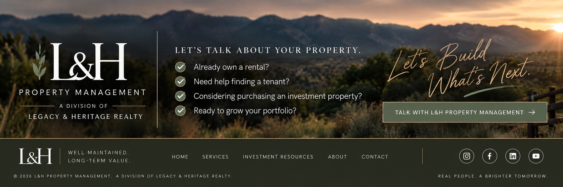 Website homepage for L&H Property Management featuring a scenic mountain landscape at sunset, with options to talk about property management services, and social media icons for Instagram, Facebook, LinkedIn, and YouTube.