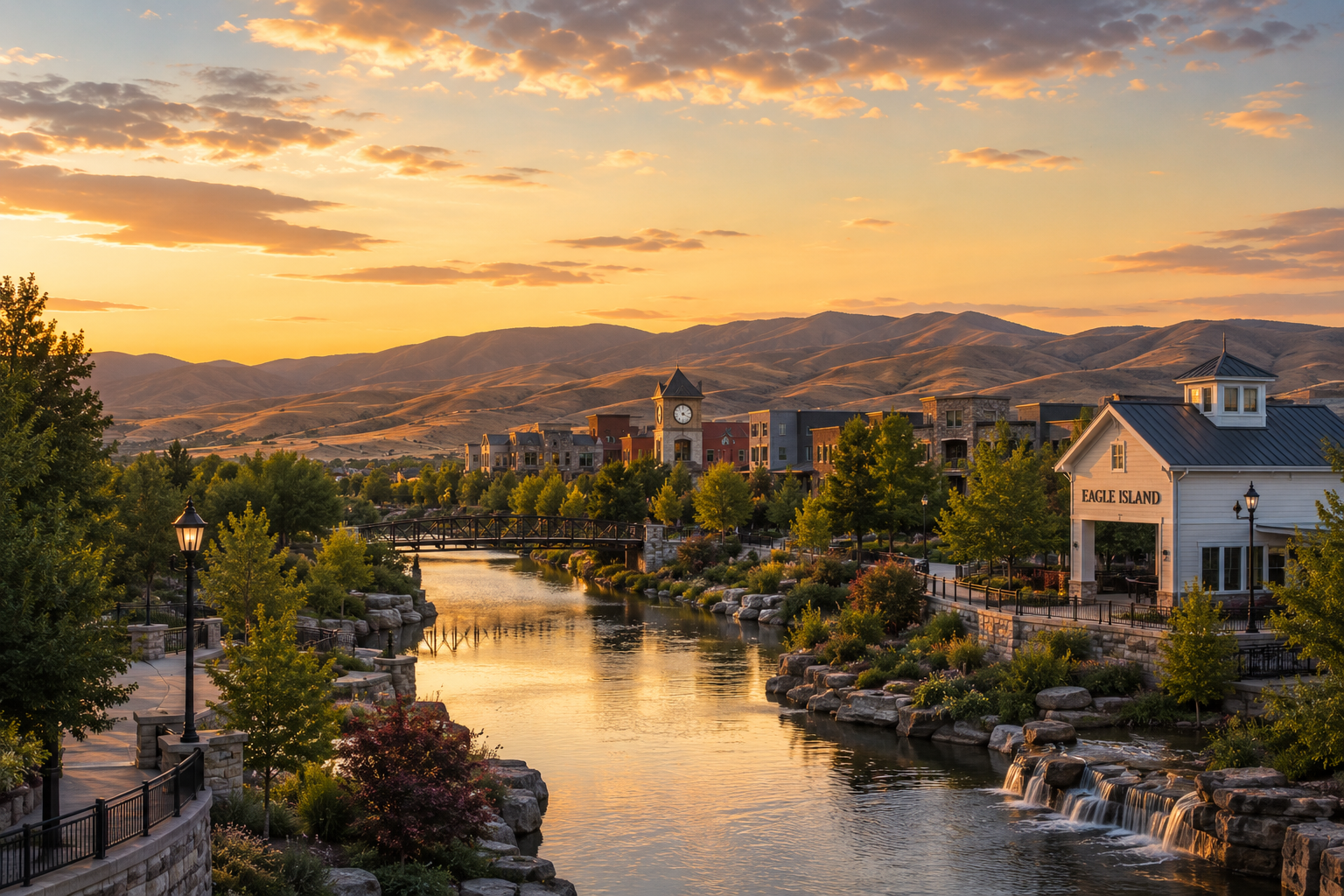 A scenic view of a small town with a river flowing through it during sunset, with trees, a bridge, and buildings including a white structure labeled 'Eagle Island' in the foreground, and mountains in the background.