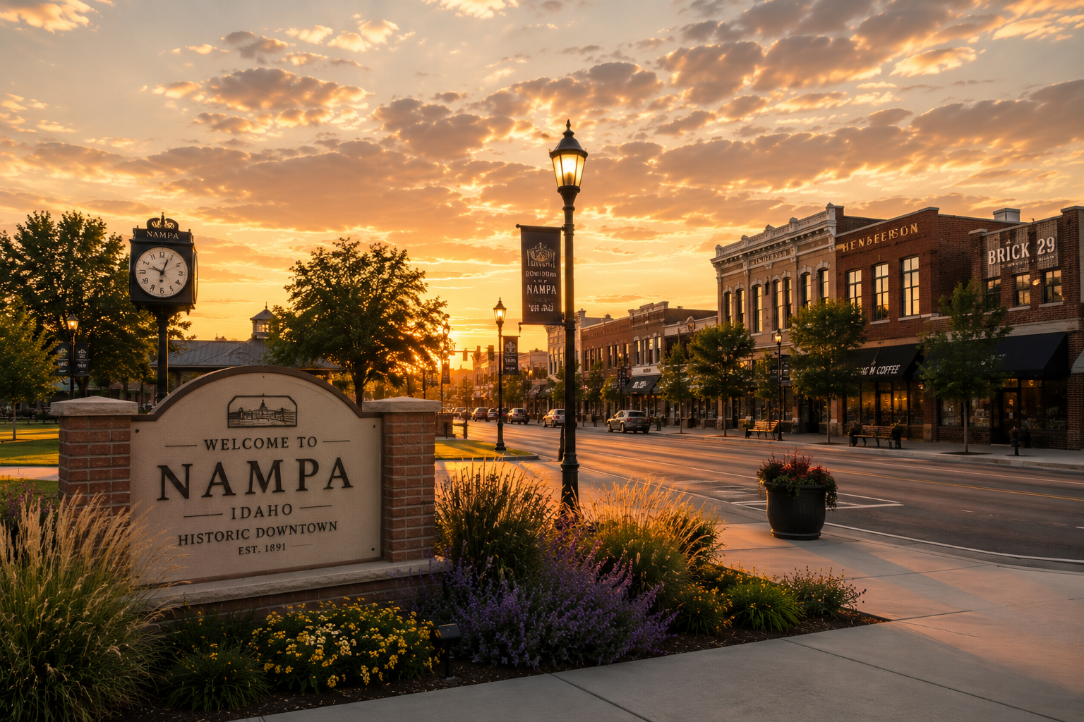 Sunset over downtown Nampa, Idaho with a welcome sign, a vintage clock, street lamps, brick buildings, trees, and flowers in foreground.