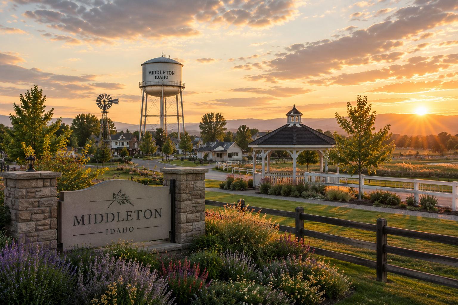 Sun setting over Middletown, Idaho, with a water tower, windmill, gazebo, and landscaped park in the foreground.