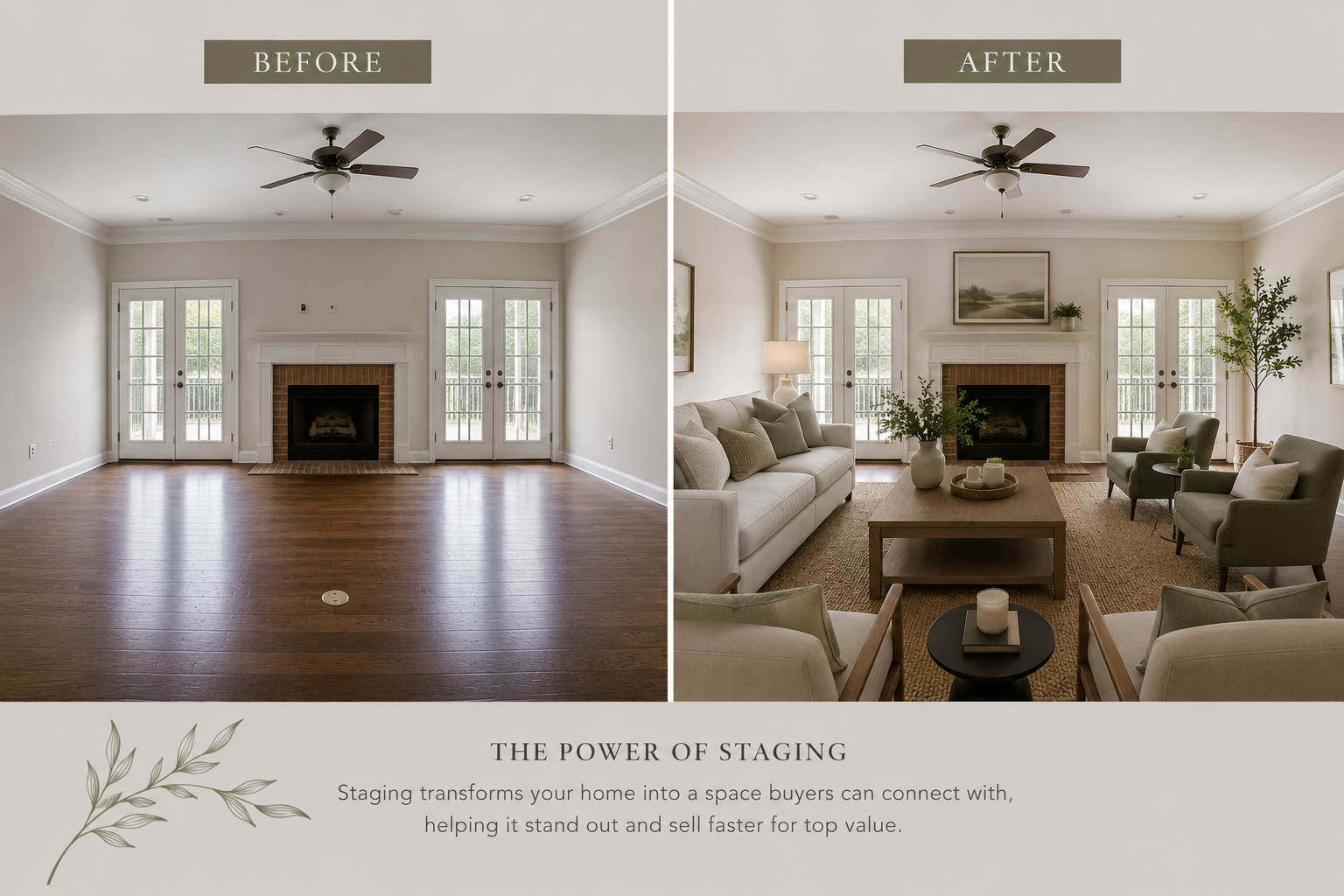 A before-and-after comparison of a living room showing staged interior design; empty room with a fireplace in the before image and a decorated, furnished room with sofas, chairs, a coffee table, plants, and a painting in the after image.