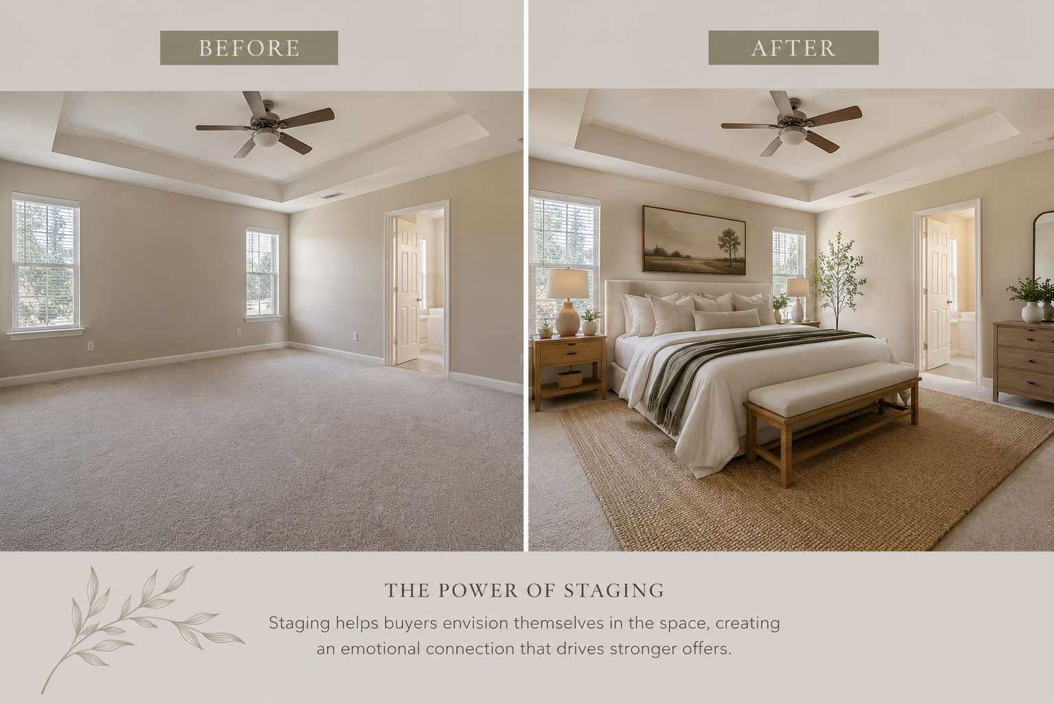 Comparison of an empty, beige-carpeted bedroom with a finished, decorated bedroom featuring a bed with white bedding, wooden nightstands with lamps, a framed landscape painting, a window with blinds, a potted plant, and a beige area rug.