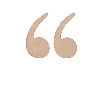 A pair of beige, stylized quotation mark cutouts on a white background.