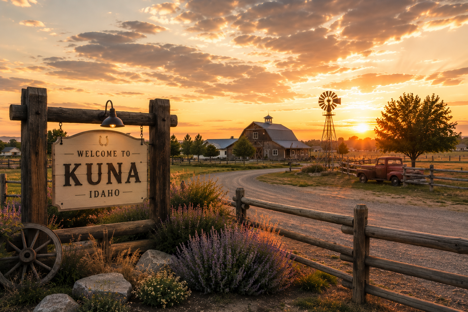 Sunset over a rural farm in Kuna, Idaho with a welcome sign, a barn, a windmill, a rusty truck, and a wooden fence.