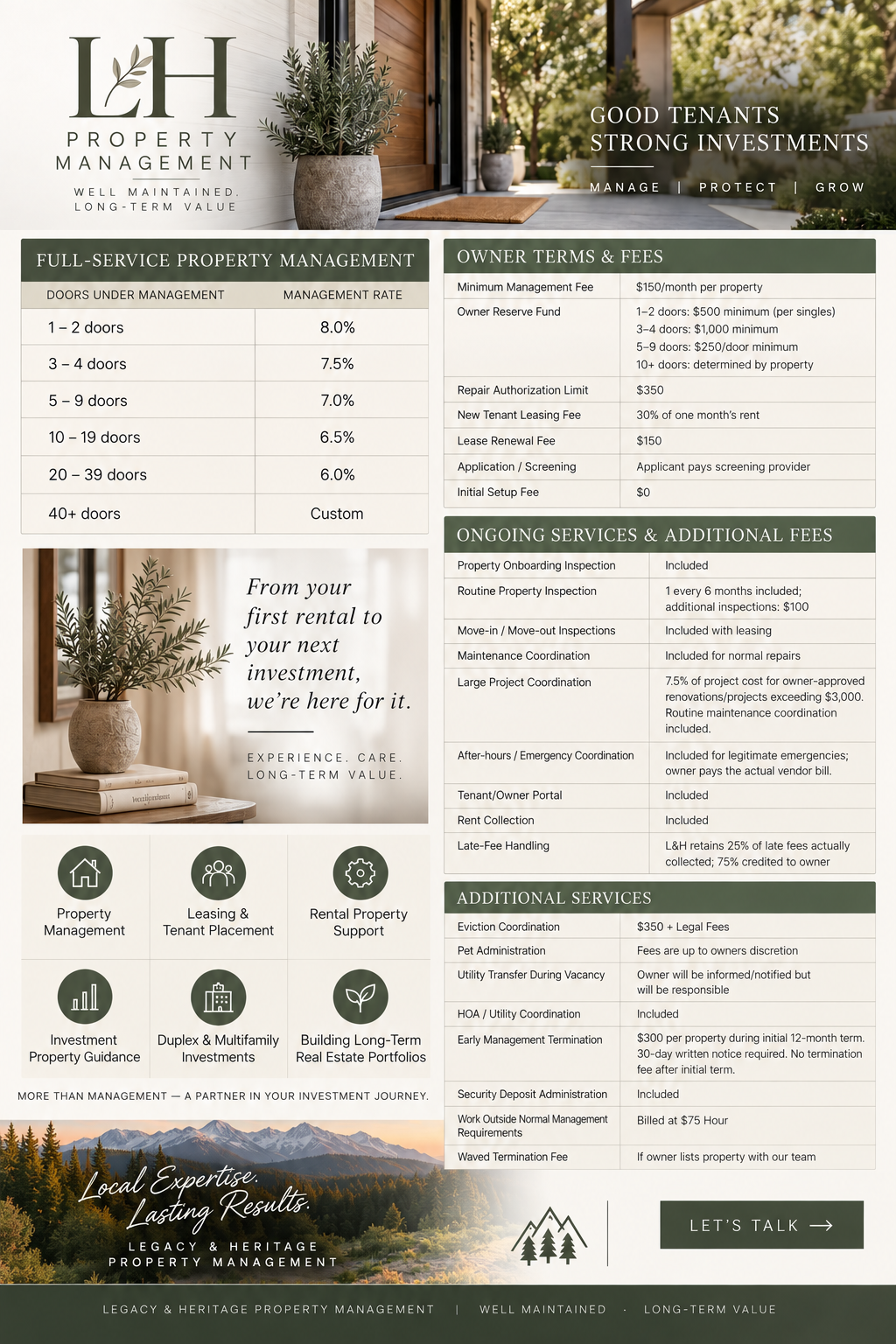 Property management flyer for Legacy & Heritage Property Management featuring company logo, a front porch, and a mountain landscape at the bottom. The flyer details management rates, owner fees, ongoing services, additional services, and contact option with a 'Let's Talk' button.
