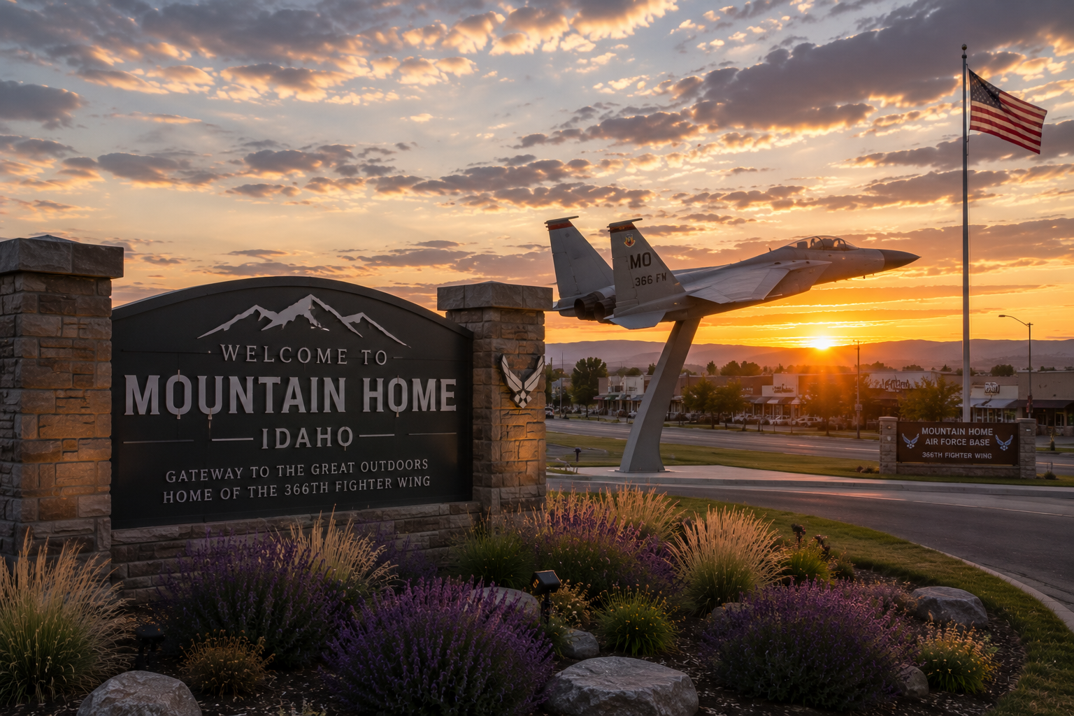 Sunset over a sign for Mountain Home, Idaho, with an airplane monument and American flag on a flagpole.
