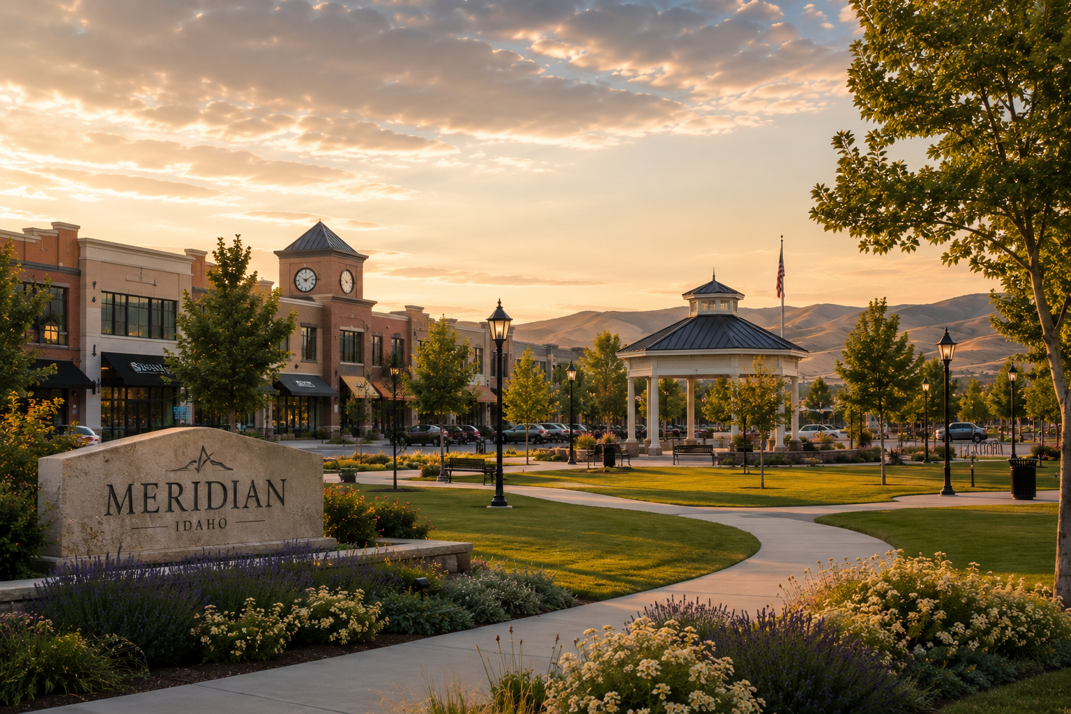 A scenic view of Meridian, Idaho's downtown area at sunset, featuring a landscaped park with a stone sign, a gazebo, trees, benches, street lamps, and a row of shops with a clock tower in the background, mountains in the distance.