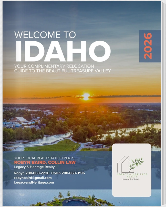 Cover of a brochure or advertisement for Idaho featuring a landscape with a sunset over a river, trees, and a town, promoting real estate services by Robyn Baird and Collin Law from Legacy & Heritage Realty.