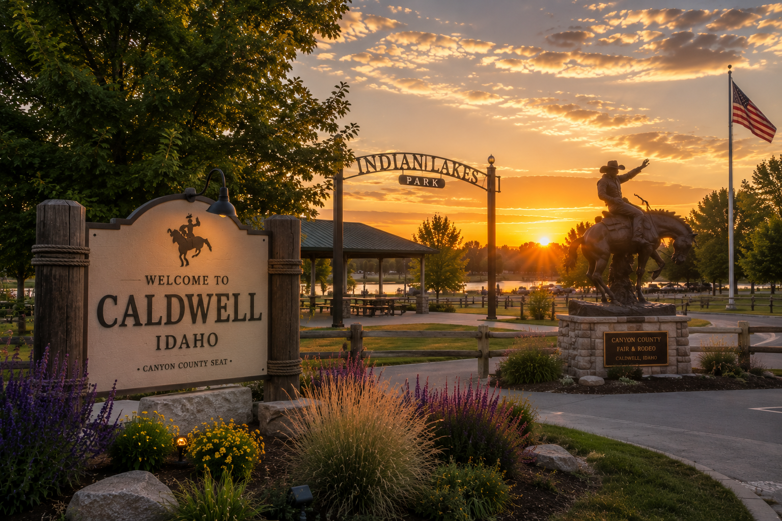 Sunset over Caldwell, Idaho at Indian Lakes Park with a welcoming sign, a statue of a man riding a horse, and an American flag.