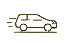 Line drawing of a moving car with motion lines indicating speed